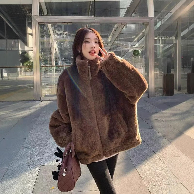 Casual lambskin imitation jacket with stand-up collar
