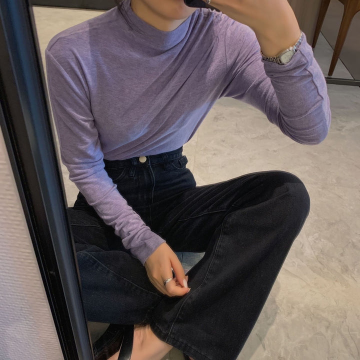 Cotton long-sleeve shirt, round neckline, basic style