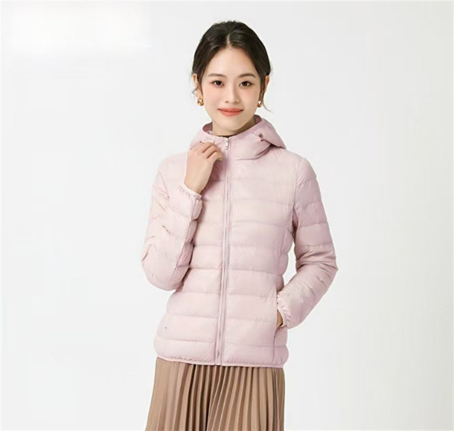 Women's down jacket, short, with hood, lightweight and warm