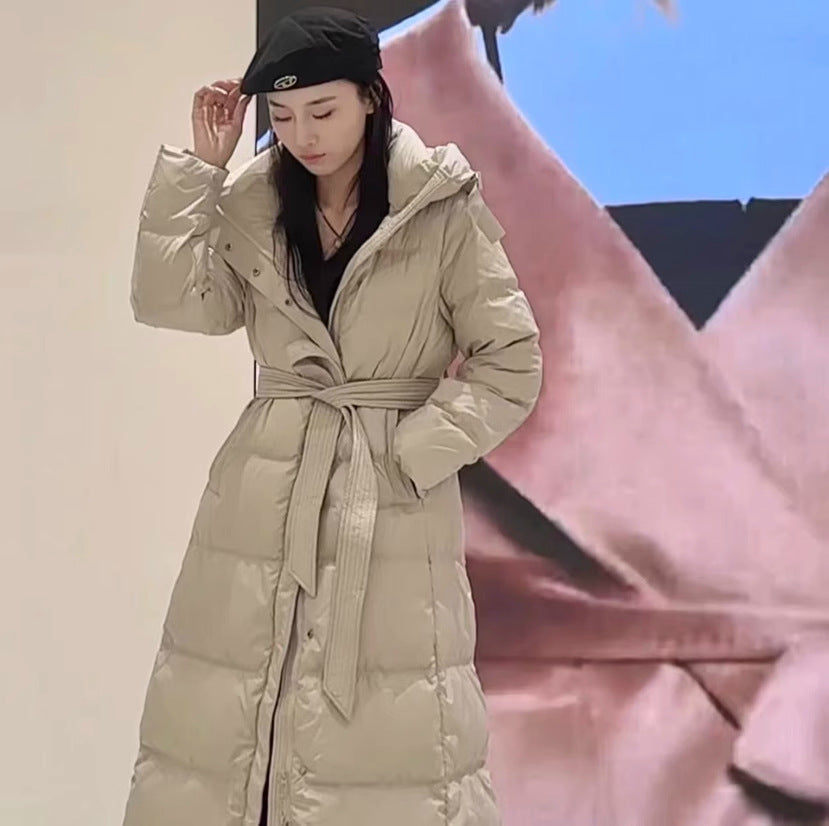 Long down coat with hood, tailored, knee-length