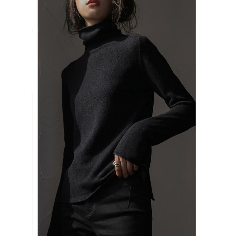 Women's wool sweater, stand-up collar, loose fit with slit