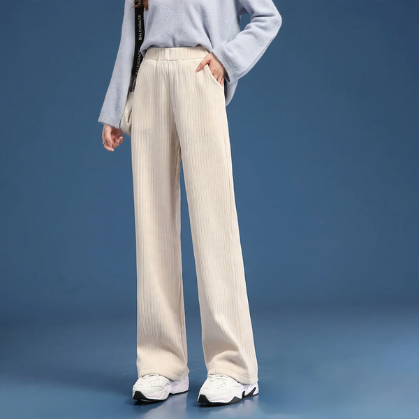 Fleece-lined cord wide pants for women, straight cut