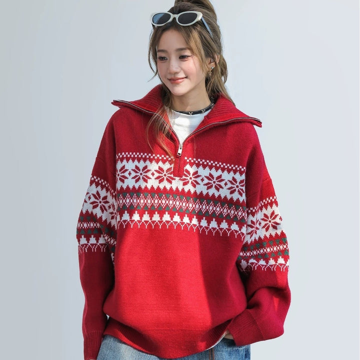 Women's Knit Sweater with Zipper and Collar