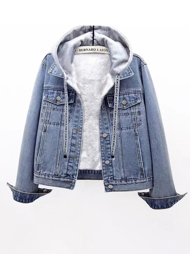 Padded women's denim jacket with detachable hood