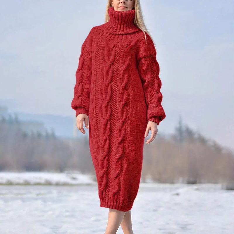 Long women's turtleneck sweater with cable pattern