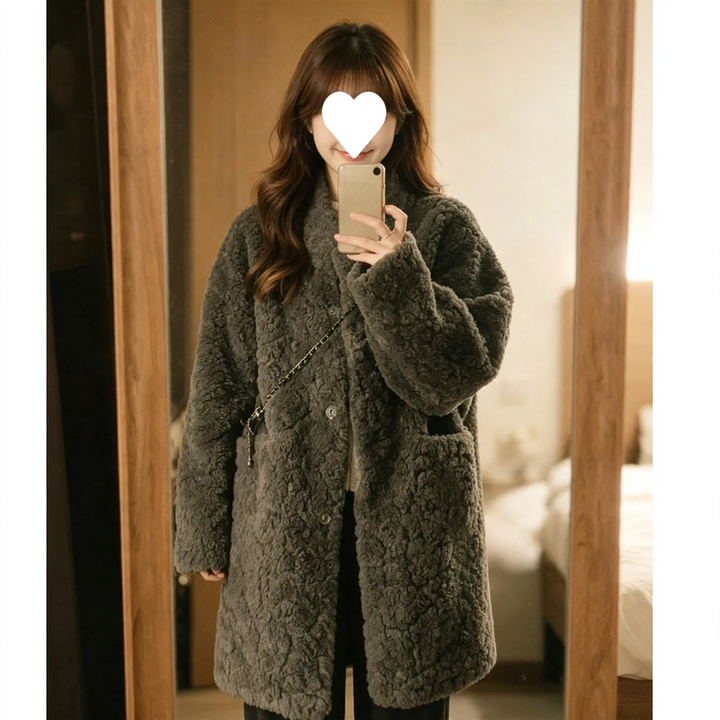 Lamb fleece imitation coat, medium length, women's