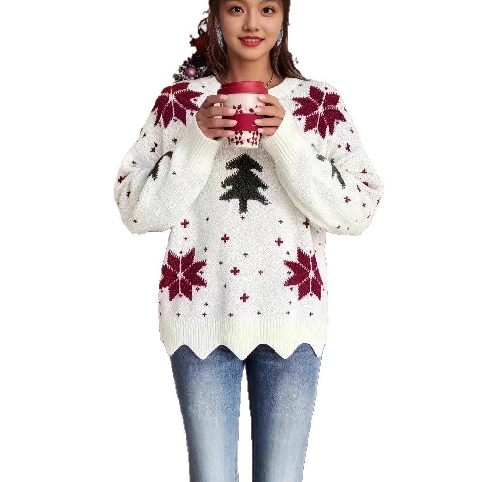 Unisex knit sweater with Christmas floral pattern