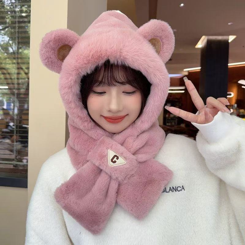 Women's Plush Hooded Scarf with Bear Design