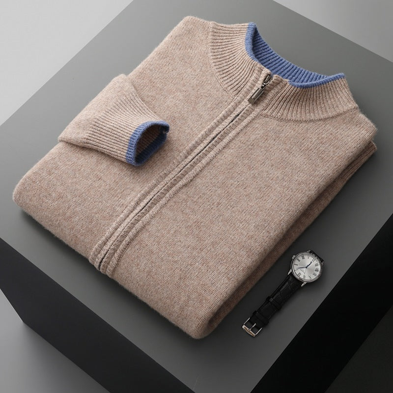 Men's zip-up cardigan with stand-up collar