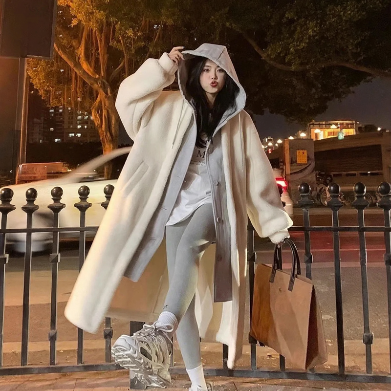 Lamb fleece imitation hooded jacket, mid-length, padded