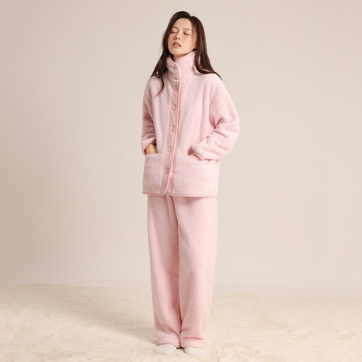 Warmer coral fleece pajama set with lapel for couples