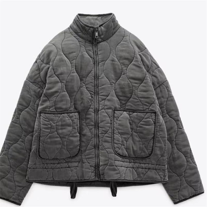 Women's padded jacket with stand-up collar and tie belt