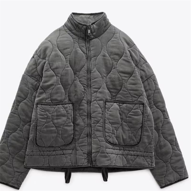 Women's quilted jacket with standing collar and tie belt