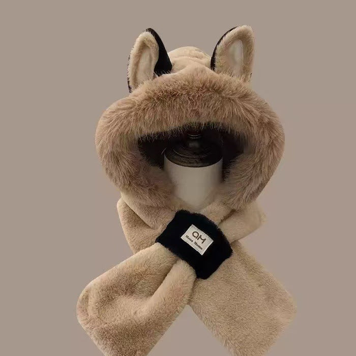 Women's Plush Hooded Scarf with Bear Design