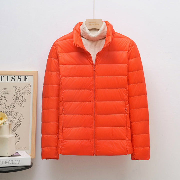Women's down jacket, lightweight, stand collar, short