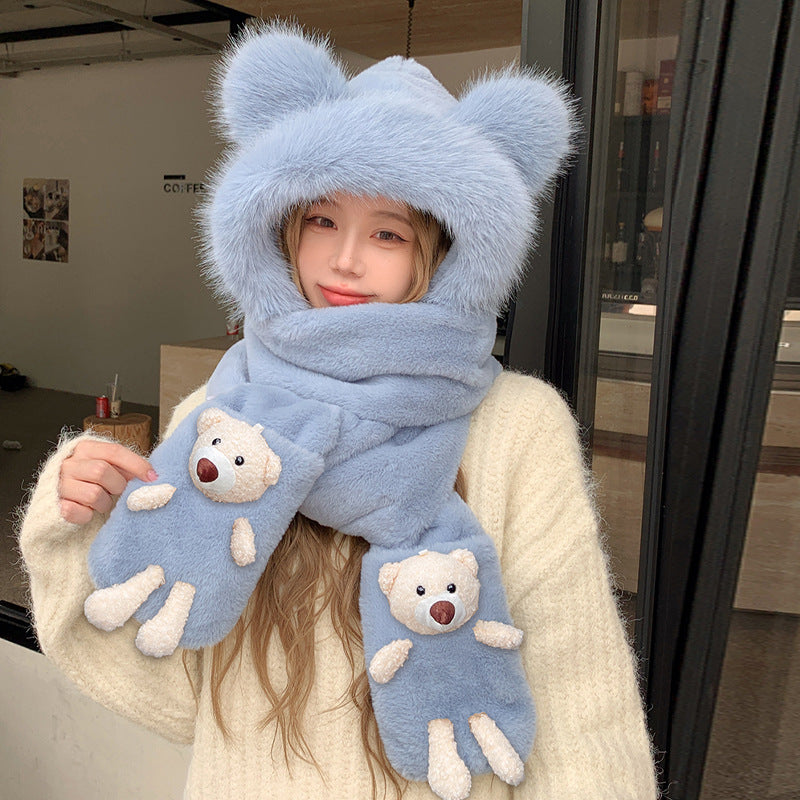 Plush set: Hooded scarf with bear design