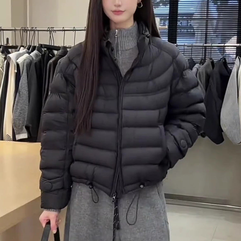 Short women's down jacket with standing collar
