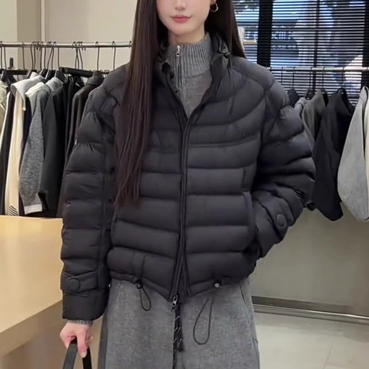 Short women's down jacket with standing collar
