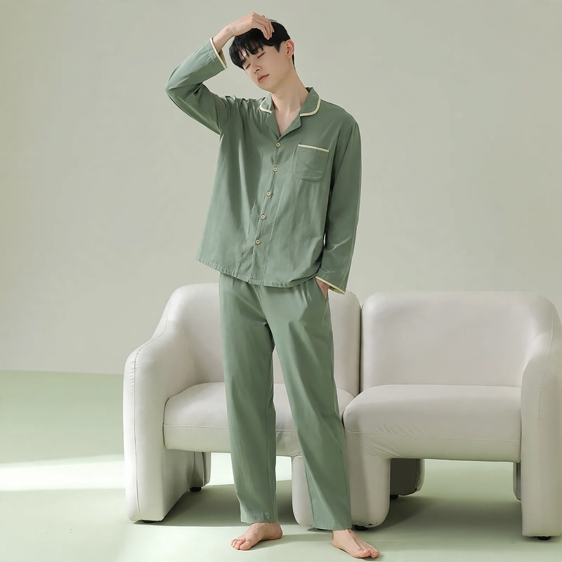 Men's pajama set made of cotton, long-sleeved, antibacterial