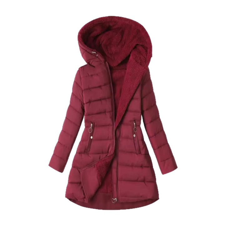 Women's quilted coat, tailored, with hood, mid-length