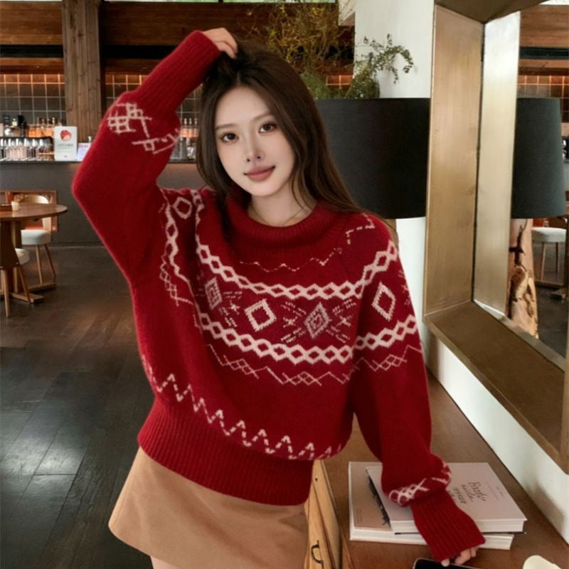Roter Fair Isle knitted sweater with roll collar