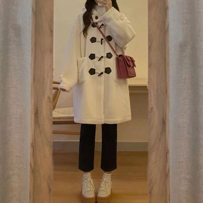 Ladies coat with lambskin imitation and toggle buttons