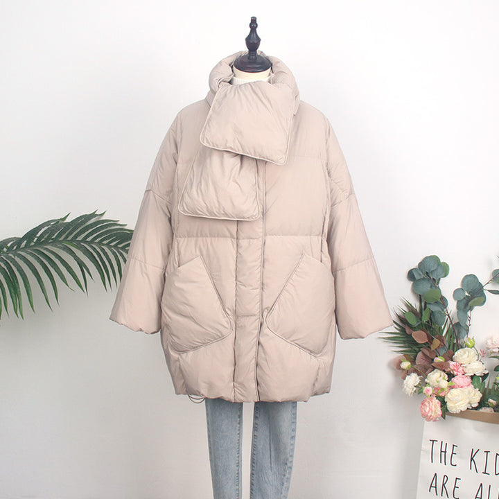Women's down coat with scarf, mid-length, loose fit