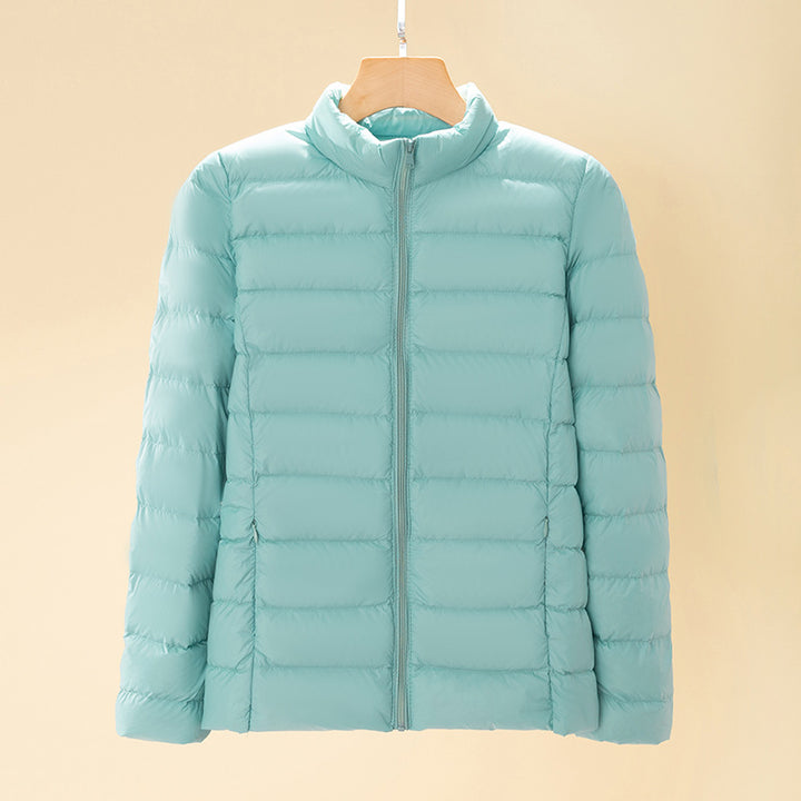 Short women's down jacket with stand-up collar