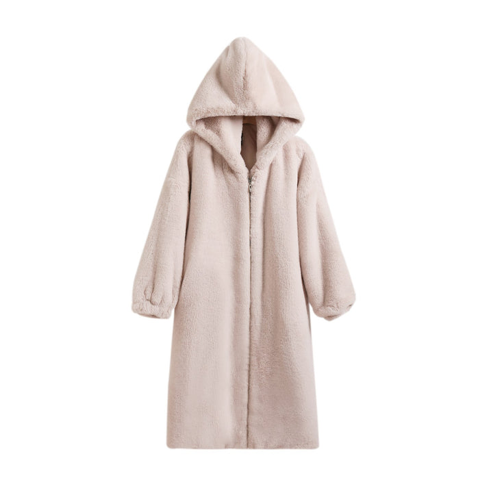 Long coat made of lambskin imitation with hood