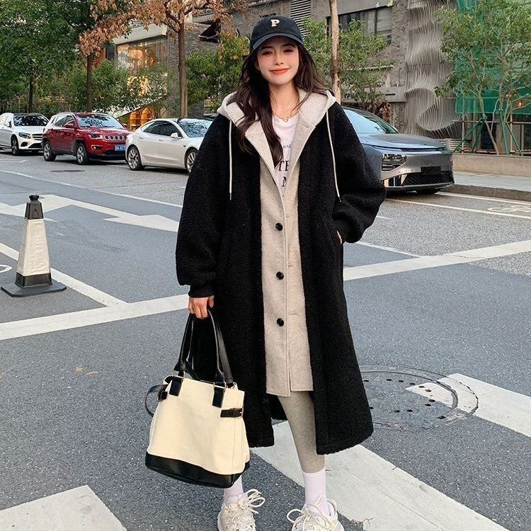 Lamb fleece hooded coat for women, long, loose fit