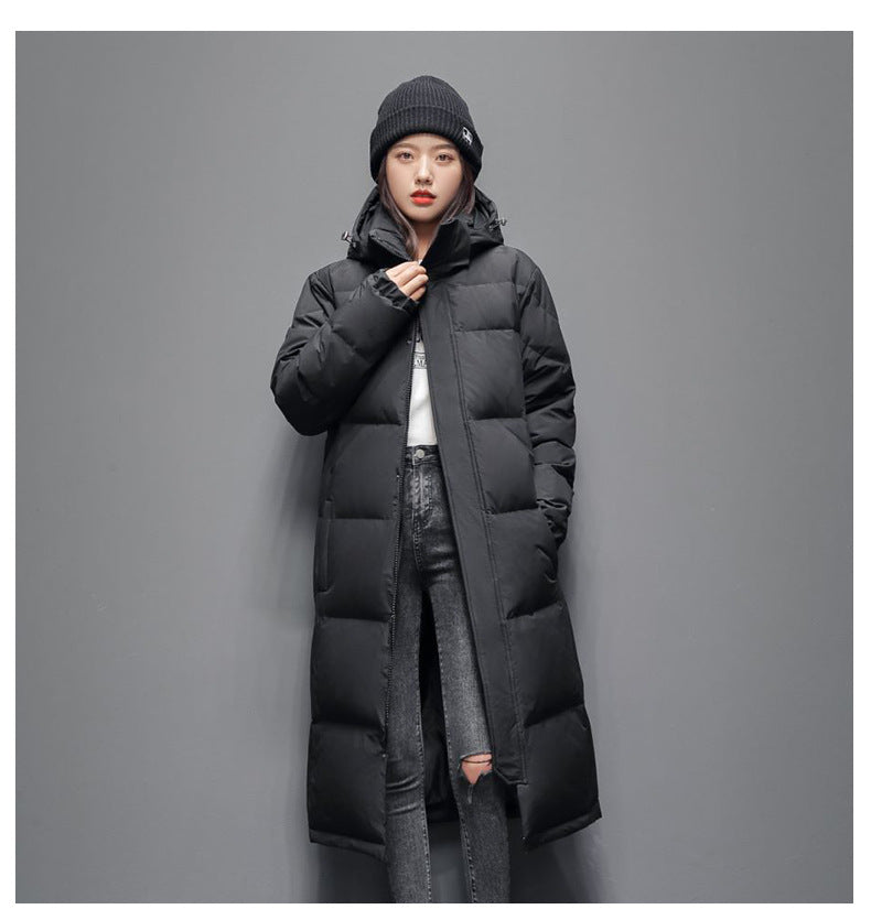 Long women's down coat, knee-length, lined, for winter