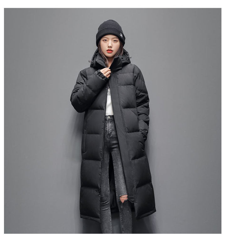 Long women's down coat, knee-length, lined, for winter