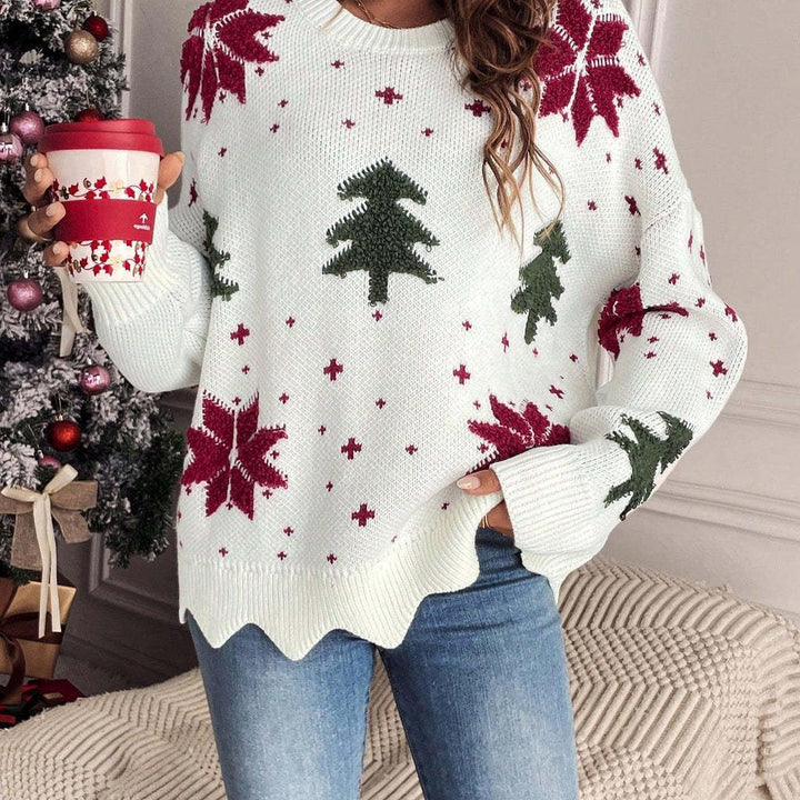 Women's knit sweater with round neck and floral pattern
