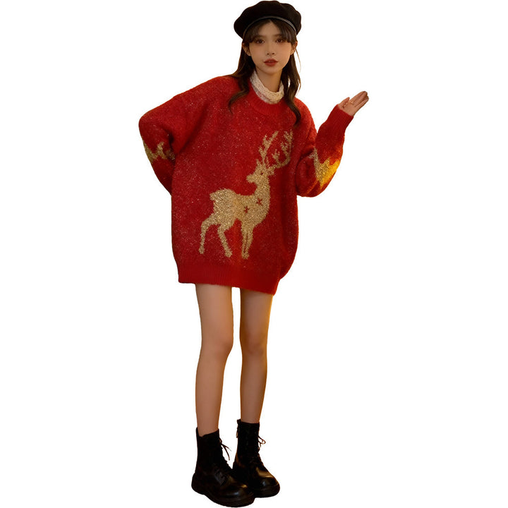 Christmas sweater, round neck, reindeer motif, knitted