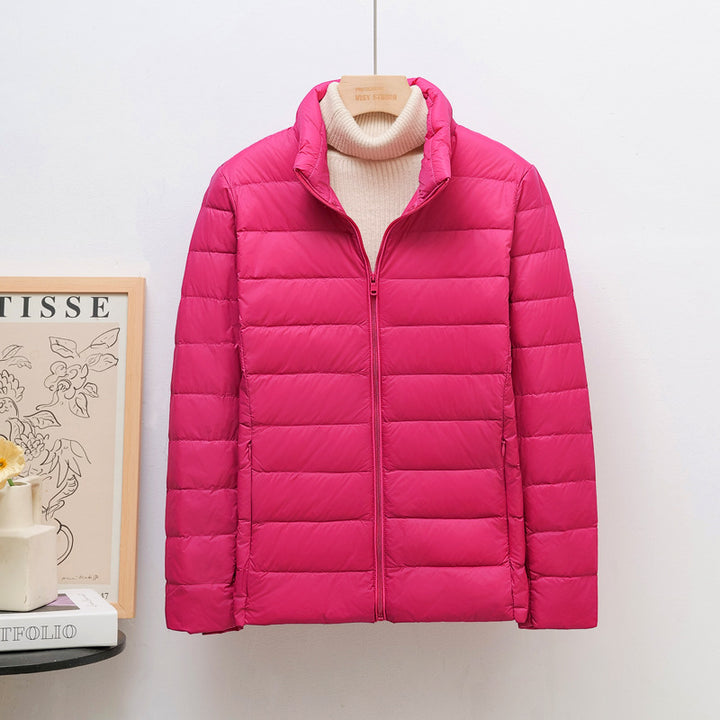 Women's down jacket, lightweight, stand collar, short