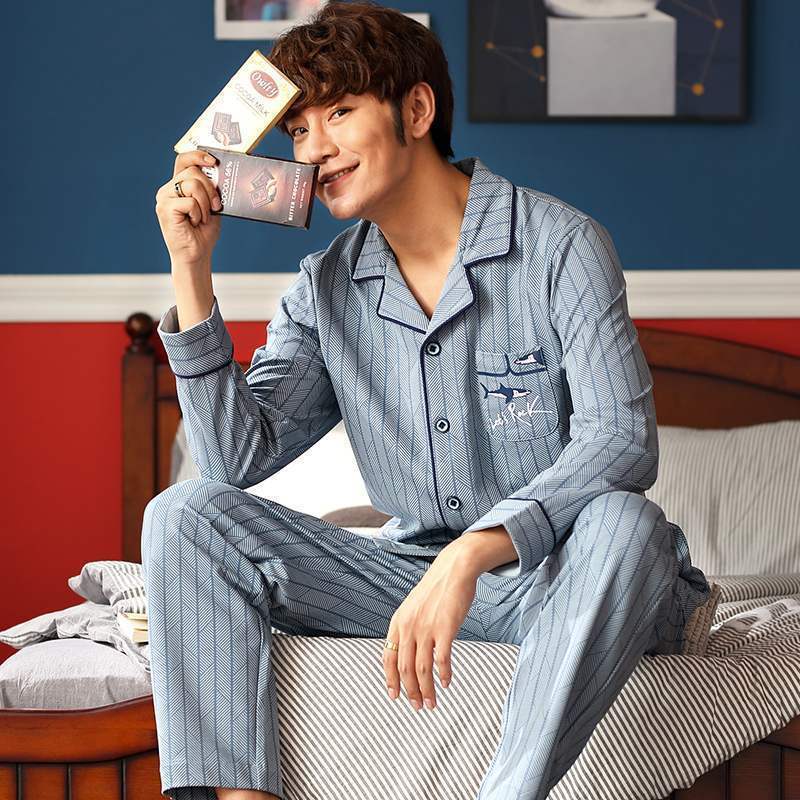 Men's pajama set made of 100% cotton, long-sleeved