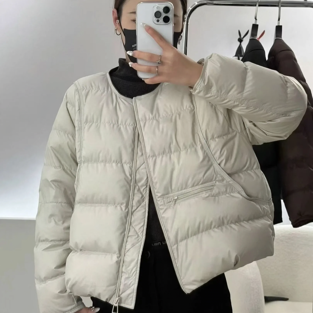 Lightweight, short down jacket with round neck