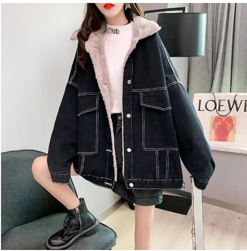 Padded denim jacket with large fur collar