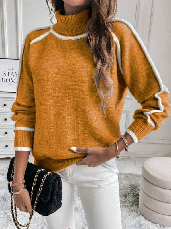 Women's knit pullover with stand-up collar and contrast details