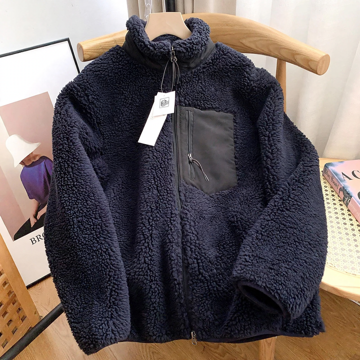Lamb fleece jacket with stand-up collar and pockets
