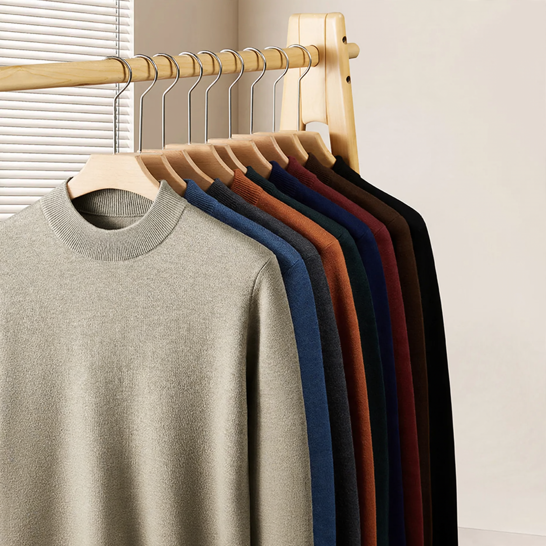 Men's wool pullover, stand-up collar, lined