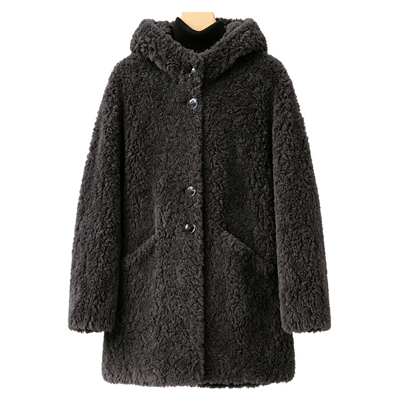 Women's shearling coat, medium-length, with hood and button placket