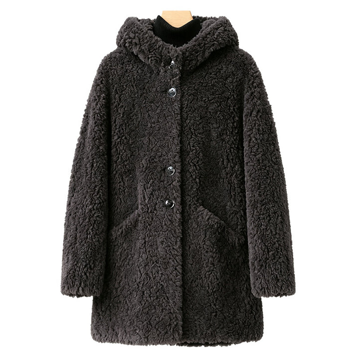 Women's shearling coat, medium-length, with hood and button placket