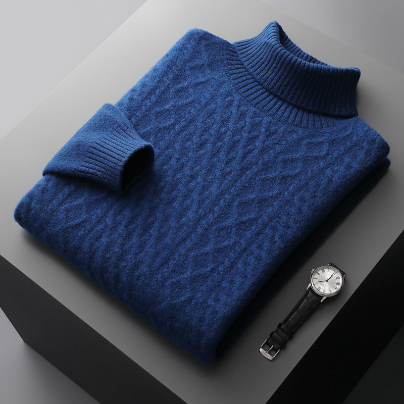Men's wool sweater with shawl collar and cable knit pattern