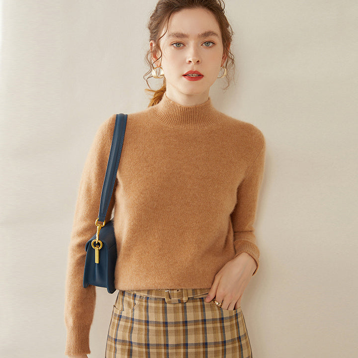 Women's cashmere sweater, semi-high collar, two-ply, loose