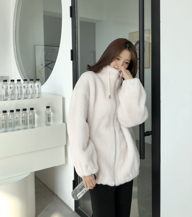 Women's coat, mid-length, stand-up collar, loose