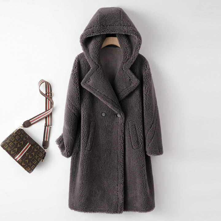 Long Teddy coat made of lambswool imitation for women