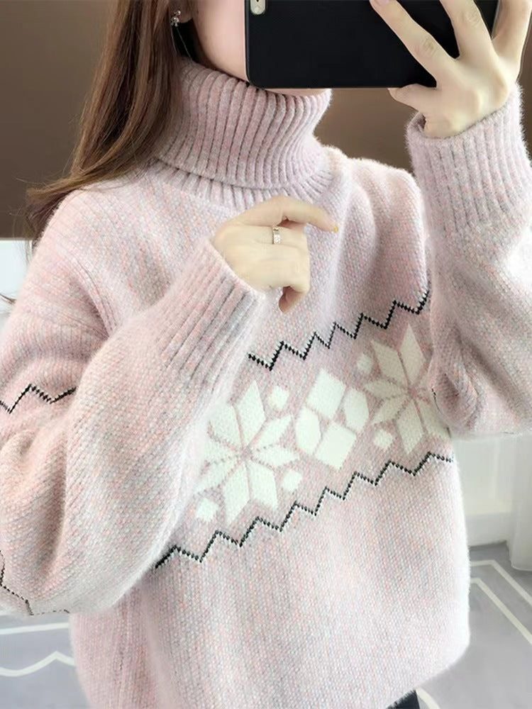 Women's knitted pullover with snowflake pattern and stand-up collar