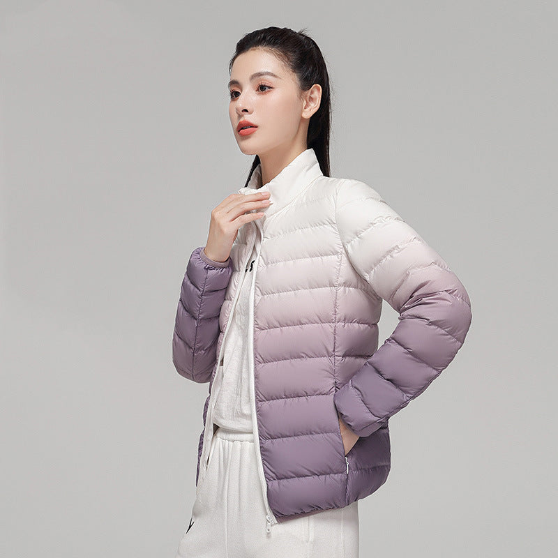 Women's down jacket, short, with stand-up collar and gradient