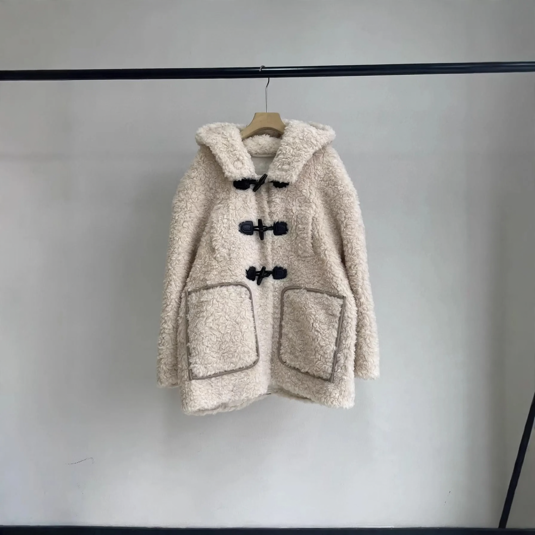 Women’s teddy fleece jacket with hood and toggle buttons